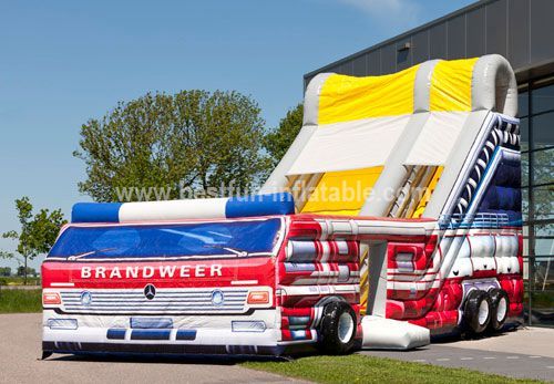 Giant inflatable jumping fire truck slide combo