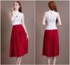 Chic Two Piece White High collar lace ladies Suit Dresses Red tea length skirts