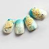 3D Yellow Flower French Tip Fake Nails Blue Glitter Diamonds Artificial Nail