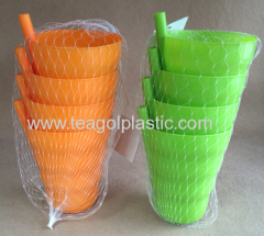 4PK drinking cups with built in straw plastic