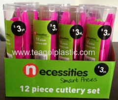 Cutlery set 12PC plastic pink in display box packing