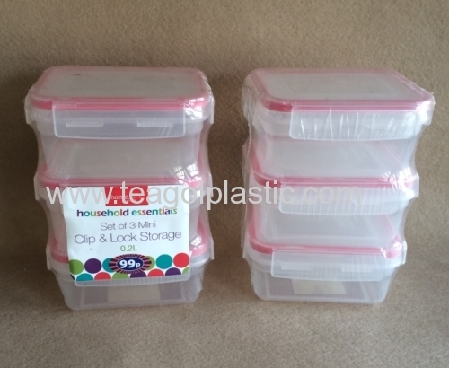 Set of 3 plastic mini clip lock storage containers Rect. 0.2L