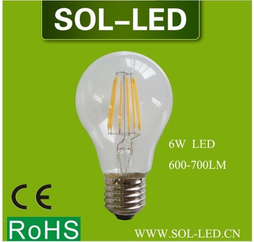 6W 8W clear glass E27 LED Filament 360 degree 80Ra 700lm Dimmable LED Filament light bulb