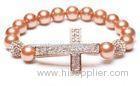 Alloy Cross Beaded Cuff Bracelets with Pink Shell Pearl Rounds, Crystal Pave Argil Beads