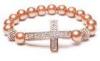 Alloy Cross Beaded Cuff Bracelets with Pink Shell Pearl Rounds, Crystal Pave Argil Beads