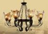 Black 8 Light Home Decorative Wrought Iron Chandelier With Amber Glass Shade