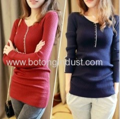 V collar long slv button bottoming shirt