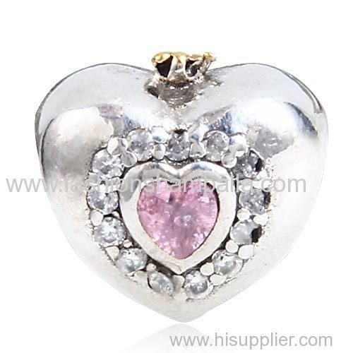 Gold Plated Sterling Silver Princess Heart Charm with Pink CZ Stone