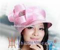 Polyester Satin Braid Ladies Church Hats With Round Crown Diamond , White / Pink