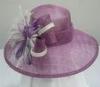 Purple / Ivory Sinamay Ladies Hats Veil And Feather Trim With Big Down Brim