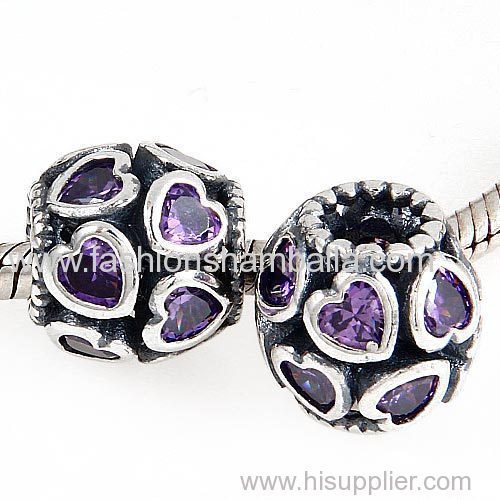 European Style Sterling Silver Love All Around Beads with Purple CZ Stone