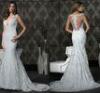 Mermaid V-neck Sheer Lace Womens Wedding Dresses with Flower Applique Court Train