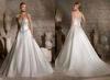 Covered Button Satin Beaded Flower Wedding Dresses with Trains , White / Ivory