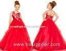 Red Floor Length Tulle Halter Little Girl Pageant Dresses With Beaded Flowers