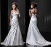 Chic White Draped Beaded Satin Sweetheart Wedding Gowns with Long Train
