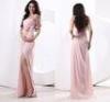 Pink A Line Chiffon Strapless Bridesmaid Wedding Dresses with Split Front / Flower Ruffles