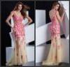 Flower Applique Sheer Tulle Long Womens Prom Dresses with Crew Neck / Beaded Sequins