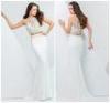White Beaded Crystal 2 Pieces Stretch White High Neck Prom Dresses Sweep Train