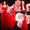 Red Flower Lace Sweetheart Ruffles Womens Evening Dresses with Criss Cross Straps