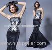 Black Mermaid Strapless Satin Womens Evening Dresses with Lace Flower Applique