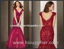 Red Tulle V neck Celebrity Prom Dresses , Rhinestone Flower Lace Evening Dress