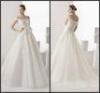 A-Line Off-Shoulder Lace Womens Wedding Dresses With Applique Hand Made Flower Covered Button Sweep