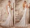 White Mermaid Lace Deep V Neck Wedding Dresses with Open Back , Covered Button