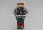 Waterproof Rainbow Silicone Strap Watch alloy diamond round case