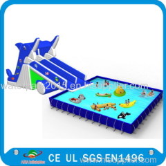 Giant Inflatable Water park with White Shark Water Slide and float toys