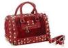 Fashion Horse Hair Leather Red Fur Handbags with Big Round Rivet