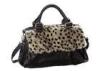 Grey Rabbit Fur Flap Women Tote Bag , Leopard PrintLeather Handbag