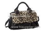 Grey Rabbit Fur Flap Women Tote Bag , Leopard PrintLeather Handbag