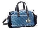 Blue Genuine Fur Trimmed Quilted Nylon Tote Bag with PU Leather Handles