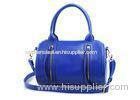 Blue Zippered Womens Leather Tote Bags with Polished Gold Feet