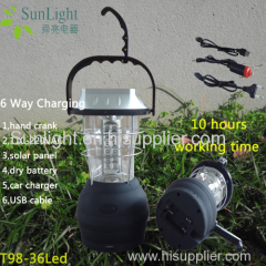 (6in1) 3 modes 3 cable 36Led portable rechargeable solar lantern with USB charge