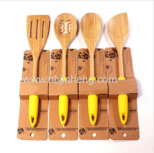 Bamboo Kitchen Tools with Color Handles Set of 4