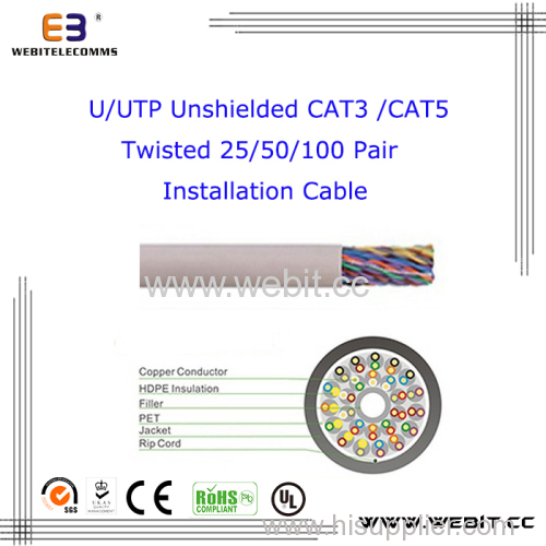 U/UTP unshielded Cat 3 CAT5e Twisted 25/50/100 Pair Installation cable