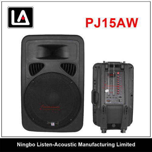 15inch active cabinet speaker with wireless VHF microphone, MP3 Player and battery
