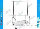 Rolling Single Bar Steel Metal Clothes Rack with Storage Shelf