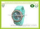 Female Green Silicone Strap Watches With Screen Printing Logo / Diamond Case