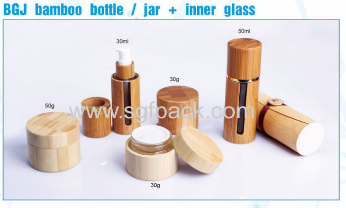 BGJ bamboo bottle and jar inner glass bamboo cosmetic container 30ml 50ml foundation bottle 30g 50g bamboo cream jar