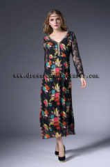 2015 Long Lace Summer Chiffon Bead Print Dress