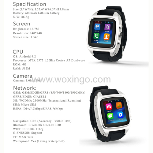 2G/3G/GPS/WIFI/Bluetooth/waterproof/IPS/android 4.2/4G/512/ MTK6572 smart watch