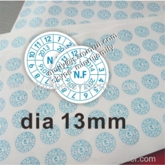 Custom round circle dia 13mm brittle fragile warranty stickers with dates and 12 months