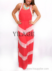 2015 new design hot in summer coral lace Maxi Chiffon Dress