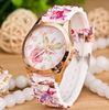 Flower Printed Geneva Silicone Rubber Strap Watches 5ATM , Women Dress Watch