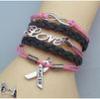 Metal Charm Breast Cancer Bracelet / Black Braided Leather Bracelet