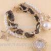 Fashion Women Faux Pearl Chain Bracelet Geneva Flower Watch Star Pendant With Silk Ribbon