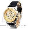 Stainless Steel Case Men Leather Strap Watches , Gold Watch With Leather Band