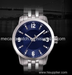 stainless steel watch with blue dial